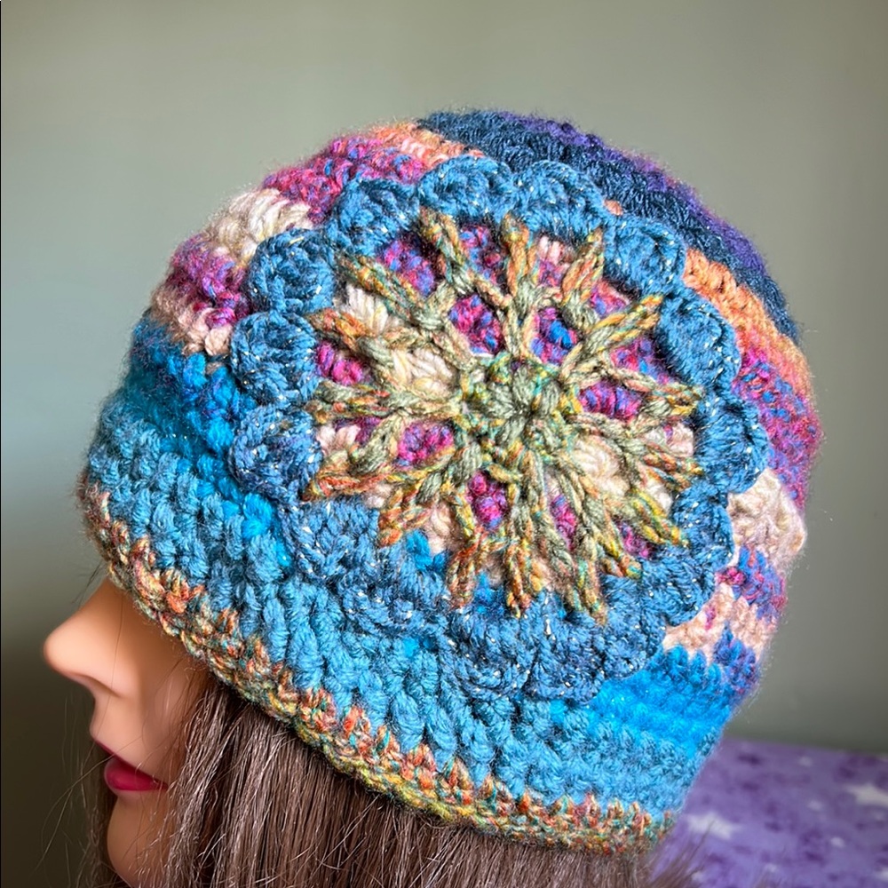 Crochet flower beanie soft mandala acrylic yarn delicate hat medium new - Picture 1 of 7